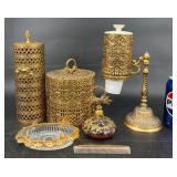Vntg Ornate Ormolu Filigree Gilded Vanity Bath Set