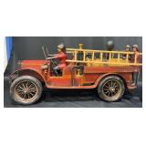 Vntg Wooden & Metal Fire Truck Toy w Fire Fighters