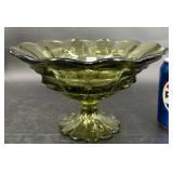 Vintage Olive Green Glass Compote Pedestal Bowl