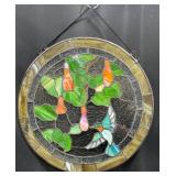 Green Round Stained Glass Hummingbird w Flowers