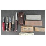 5 Pocket Knives, Sharpening Stones, Sheath 5 Pocket Knives, Sharpening Stones, Sheath