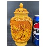 Yellow Cinnabar Ginger Jar w Lid & Relief Details