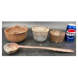 3 Antique Cast Iron Smelting Pots & Ladle 3 Antique Cast Iron Smelting Pots & Ladle