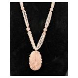 Pink Jade Carved Pendant on Beaded Necklace