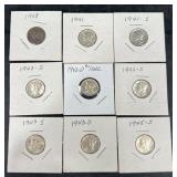 9 Mercury Dimes Dated Dated 1938-1945 9 Mercury Dimes Dated Dated 1938-1945