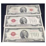 3 U.S. $2 Red Seal Notes ï¿½ 1928 +