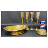 4 Brass Fluted Glasses, Bowl, Coaster Set 4 Brass Fluted Glasses, Bowl, Coaster Set
