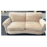 Beige Fabric Sofa w Rolled Armsï¿½& Nailhead Trim