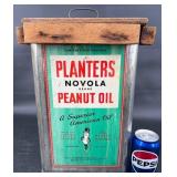 Vintage 5 Gal Planters Peanut Oil Tin w Wooden Lid