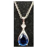 Sterling Necklace & Teardrop Pendant w Blue Stone