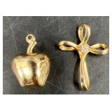 2 Pendants ï¿½ 14KT Gold Apple & Cross w 14KT Gold