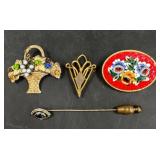3 Vintage Brooches Tie Pins & Stick Pin