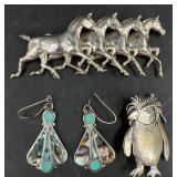 Vntg Sterling Silver Brooches & Abalone Earrings