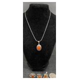 2 Sterling Rings, Necklace & Pendant ï¿½ With Amber