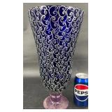 Cobalt & Pink Hand-Painted Art Glass Vase