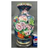 Chinese Cloisonne Colorful Floral Vase, Wood Base