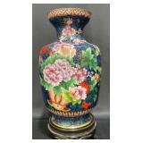 Chinese Cloisonne Colorful Floral Vase, Wood Base