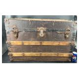 Antique Oak & Metal Steamer Storage Trunk Chest