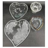 3 Heart-Shaped Glass Serving Trays & Compote