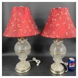 Pair Cut Crystal Table Lamps w Red Shades, Work