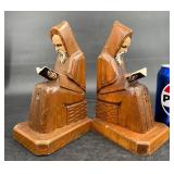 Vintage Carved Wooden Reading Monk Bookends