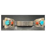 Vntg Nat. Am. Silver Watch Band w Turquoise, Coral