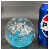 Blue Art Controlled Bubbles Glass Orb Paperweight