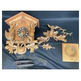 Carved Wooden Cuckoo Clock w Deer & Bird Accents