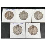 5 Walking Liberty Half Dollars 1917-1944