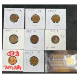 Gold Plated Penny & 8 US Pennies Dated 19171968