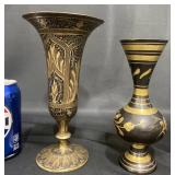 2 Etched Brass Vasesï¿½Persian Silver Brass Trumpet+