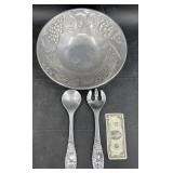 Vntg Wilton Co Pewter Bowl w Serving Spoon & Fork