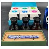 Levenger Fountain Pen & Ink Set w 6 Ink Bottles