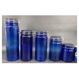 5 Vntg Cobalt Blue Glass Canisters w Wire Bail Lid