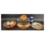 Vntg Iridescent Amber Carnival Glass Bowls, Dish +