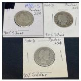 3 U.S. Barber Quarters ï¿½ 1900S, 1906D, 1914D