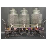 Triple Beverage Glass Jar Set w Metal Stand