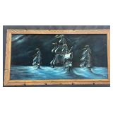 Vintage Black Velvet Ghost Ship Painting Framed 4