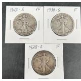 3 Walking Liberty Silver Half Dollars