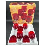 7 Elegant Ruby Red Goblets w Clear Stems