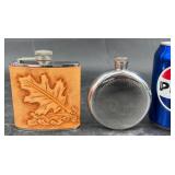 2 New Stainless Steel Flasksï¿½ Leather Clad & Round