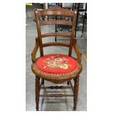 Vntg Wood Chair w Needlepoint Seat & Spindle Back