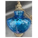 Stunning MCM Blue Glass Hanging Swag Lamp Works