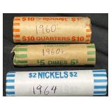 Roll 1960s Quarters & Dimes w Roll of 1964 Nickels