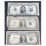 3 US Currency Silver Certificates ï¿½ $5 & $1 Bills