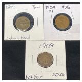 1859 & 1909 Indian Head Pennies &1909 Wheat Back