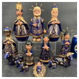 Mexican Nativity Set w Blue & Gold Accents
