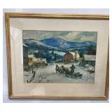 Framed Watercolor by Sessions w Winter Scene