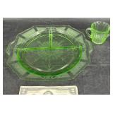 Uranium Depression Glass Divided Plate, Sugar Bowl