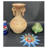 Clay Pot Vase, Painted Turtle & Sun Decor Pieces